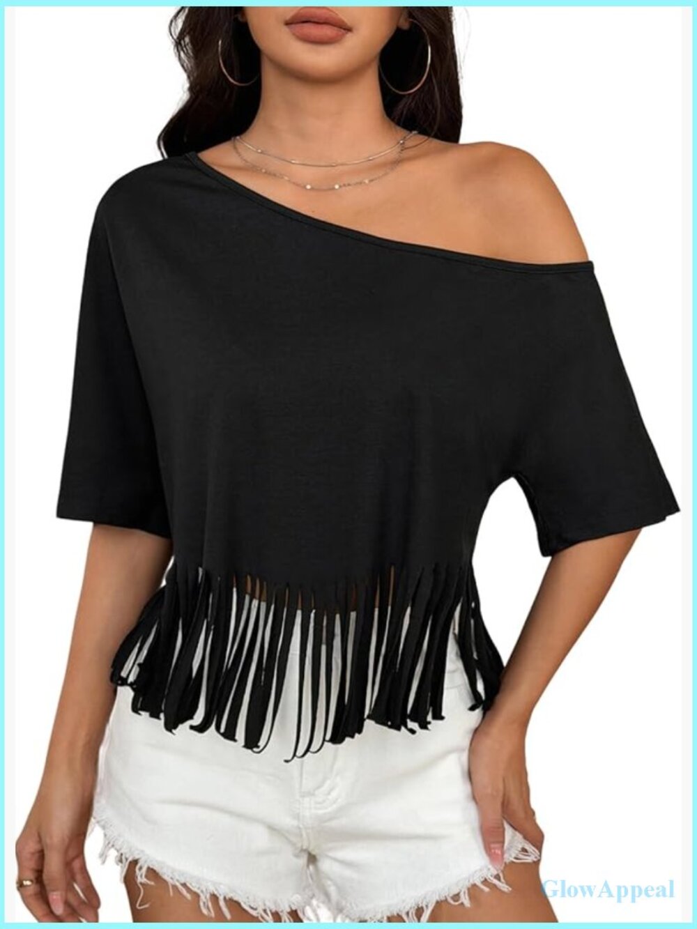 Fringe Off Shoulder Crop Top Asymmetrical Neck Short Sleeve